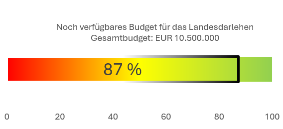 Verfügbares Budget für das Landesdarlehen; Balkendiagramm. Es sind noch 87 % verfügbar.